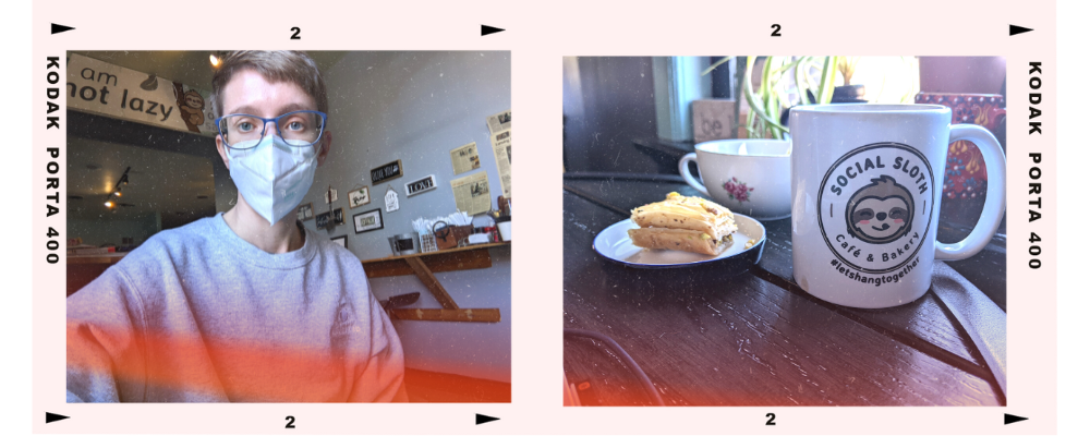 A picture reel of two photos. The first is a selfie of the writer sitting in a cafe. They are a white person with short hair and glasses. They are wearing a KN95 mask. The second photo is a close-up of a piece of baklava next to a coffee mug with the Social Sloth Café logo on it.